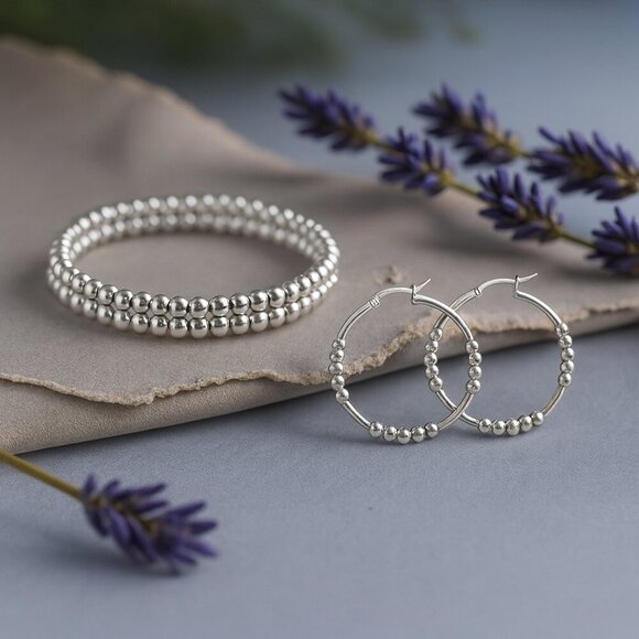 Minimalist Beaded Hoop Earrings And Stretchy Bracelet Set Stainless Steel - Picture 9 of 9